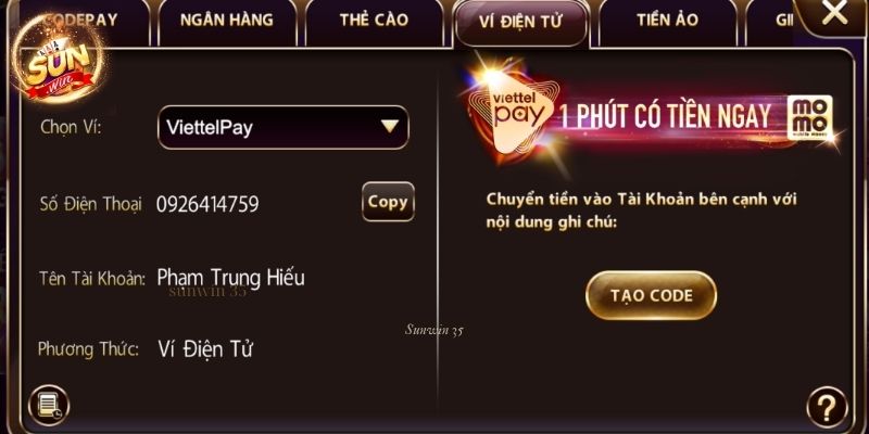 Nạp tiền Sunwin bằng ví điện tử Momo
